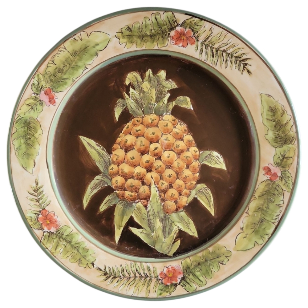 Vtg Round Ceramic Welcoming Pineapple Floral Leaf Plate 11"